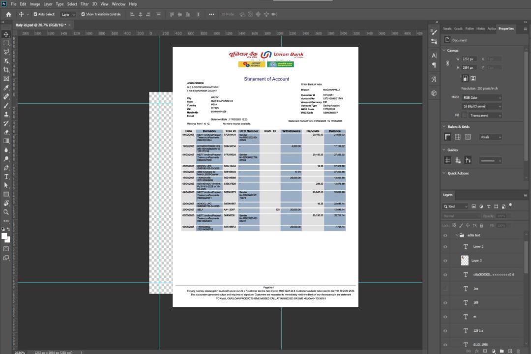 Modèle Word et PDF de relevé de compte India Union Bank, version 2 template Modèle Word et PDF de relevé de compte India Union Bank, version 2 template